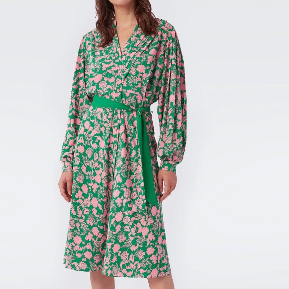 NWT DVF Khloe Faux-Wrap Crepe Dress in Begonia Leaves Billiard Green